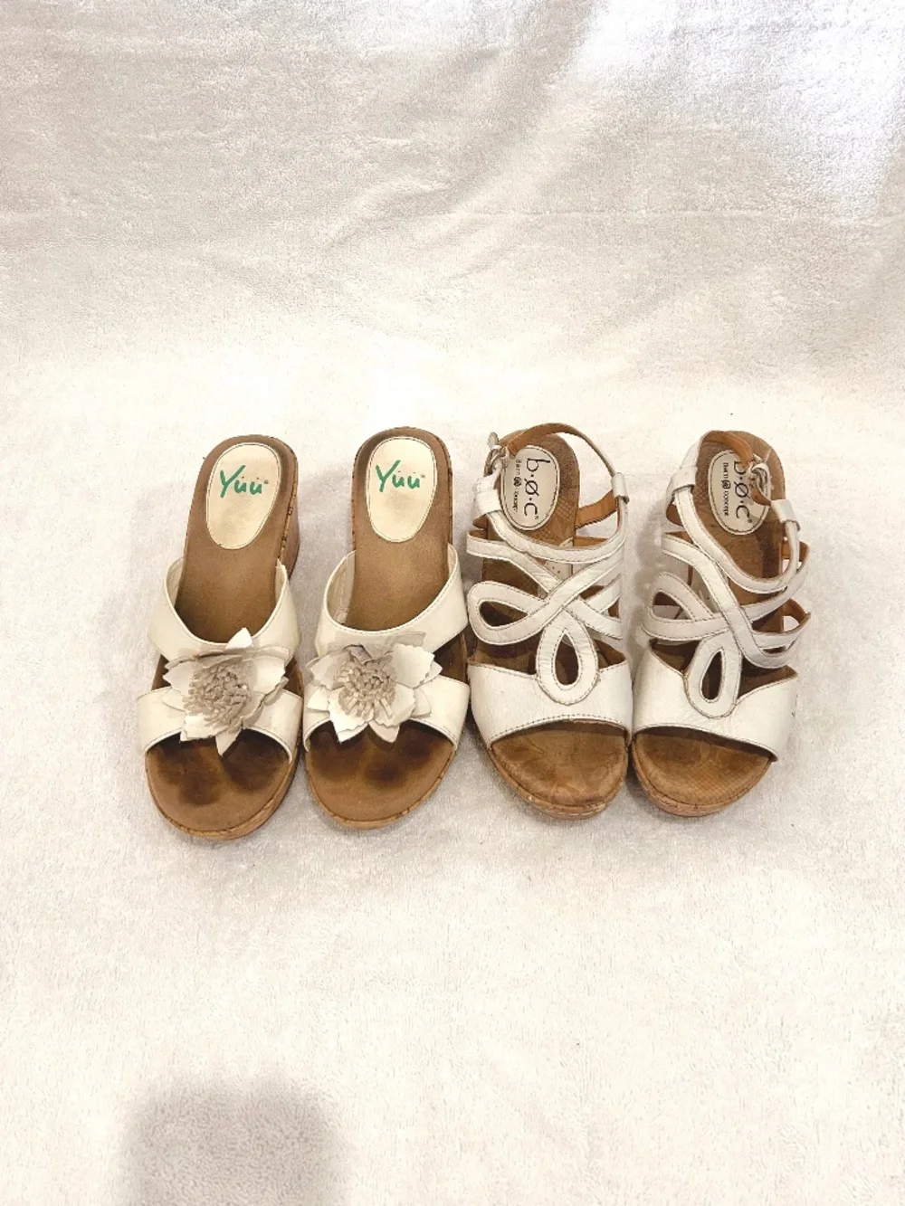 Lot of 2 white sandals Bornwedge platform heel cork sole slip on strappy sandals